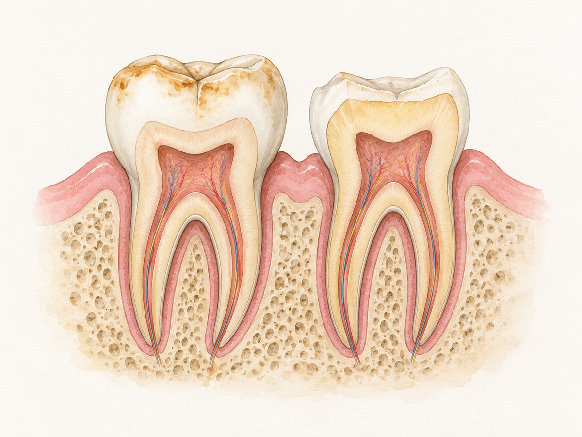 Cross-section of two teeth comparing external yellow stains on the enamel surface with internal yellowing from thin enamel exposing dentin underneath, surrounded by healthy pink gums.