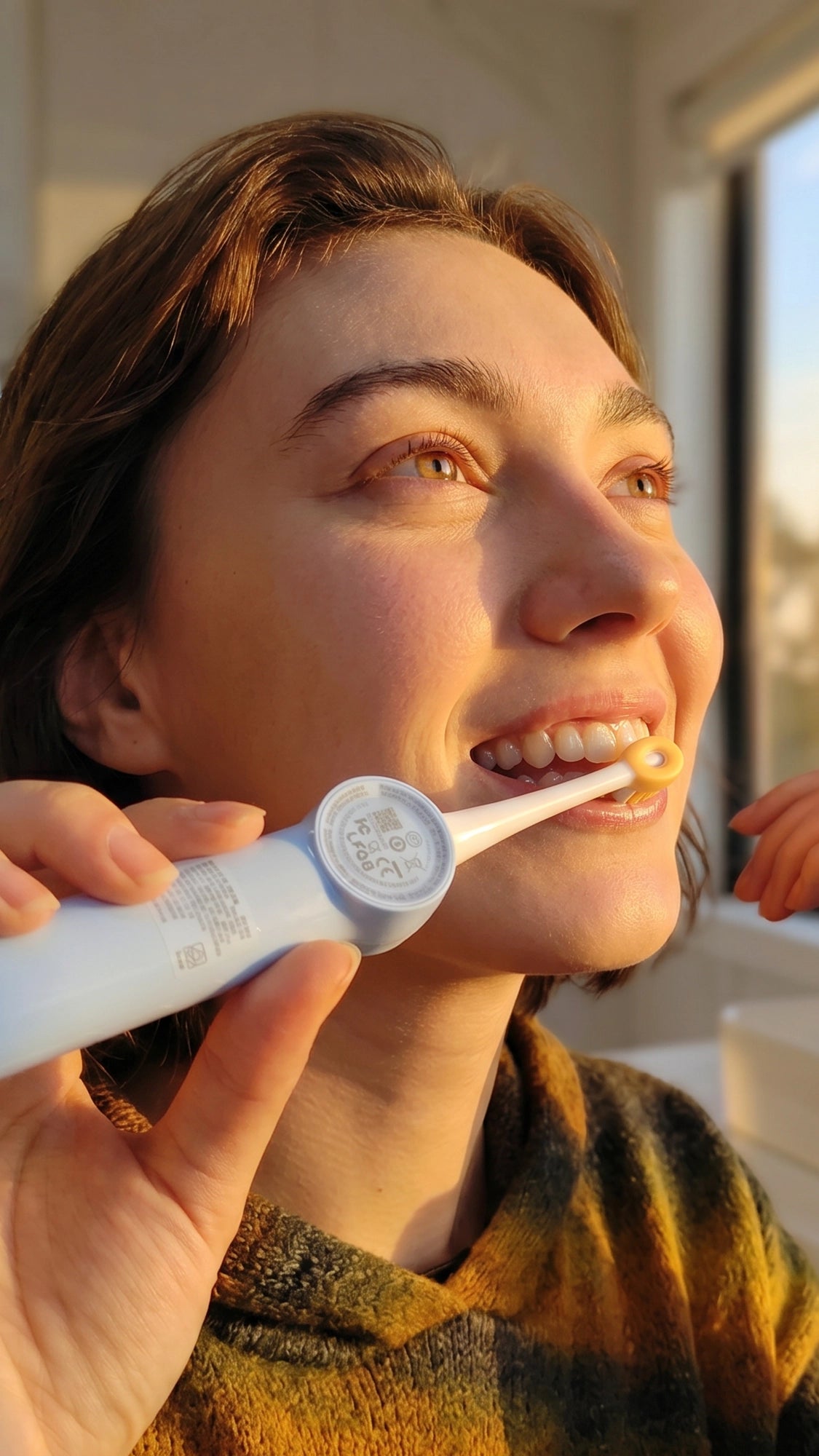 A woman holding an arijet x5 with a smile