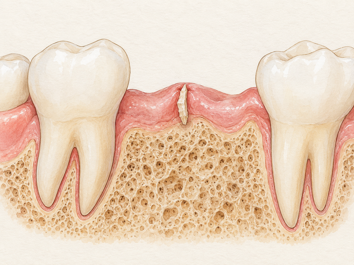 Cross-section of gum tissue showing a small sharp bone spicule rising from the jawbone toward the gum surface beside a tooth root, illustrating why a hard bump can appear after dental work and how it relates to healing.