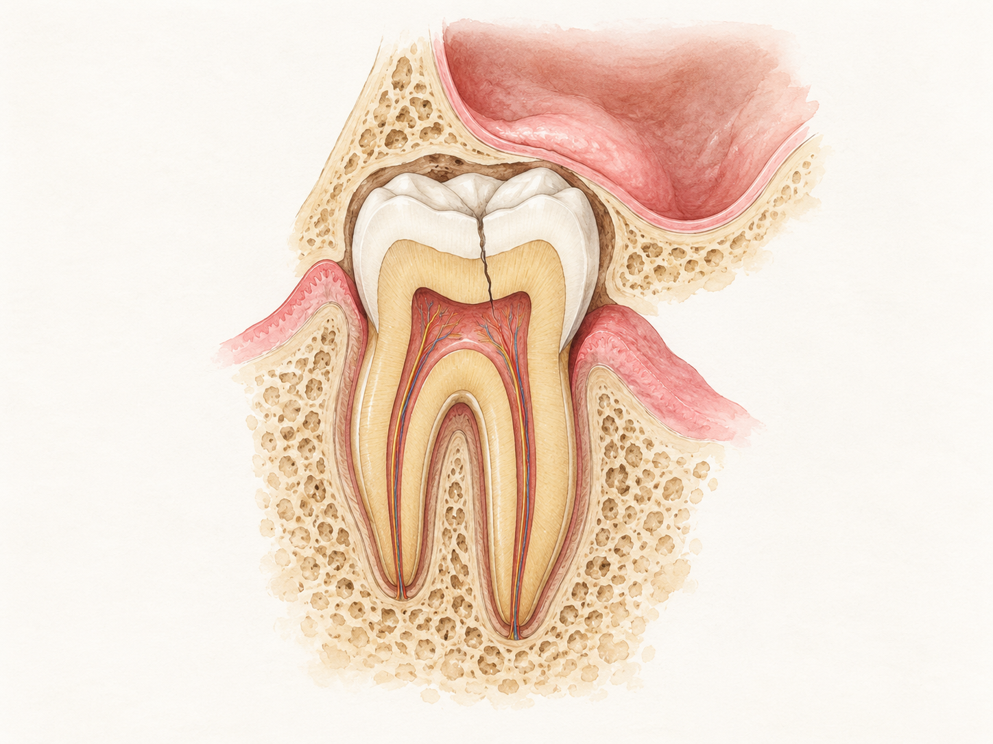 Cross-section of an upper molar showing a crack in the crown and receding gums that expose the root, while the nearby maxillary sinus presses against the root tips, representing non-cavity toothache causes.
