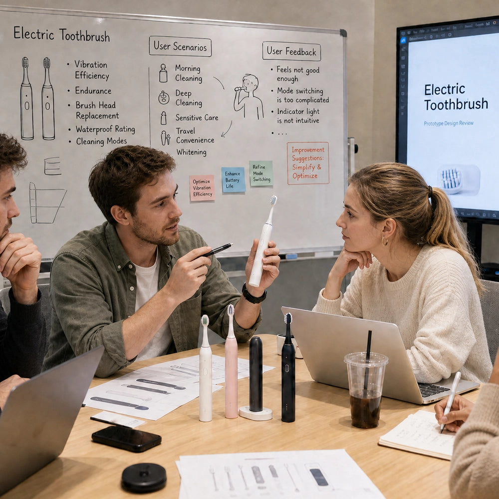 A product design team sits around a meeting table reviewing electric toothbrush prototypes. One person holds up a white electric toothbrush while explaining features to a colleague. Several toothbrush prototypes in different colors stand on the table alongside design sketches, laptops, notebooks, and a coffee cup. Behind them, a whiteboard displays drawings of toothbrushes, user scenarios, product features, customer feedback, and improvement ideas.